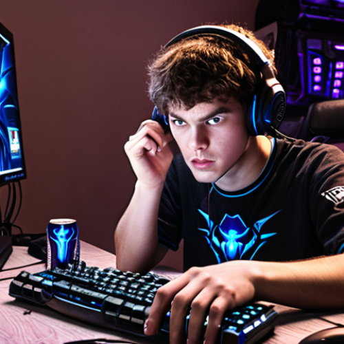 Home 15 **
A dimly lit room, illuminated by the glow of multiple computer screens. A young man, intensely focused, sits surrounded by energy drink cans and discarded snack wrappers. His fingers fly across the keyboard and mouse, his face illuminated by the fast-paced action of StarCraft on the screen. The image should evoke a sense of intense concentration and dedication, highlighting the grueling practice regimen of a professional StarCraft player. Include elements like a messy desk, gaming headset, and team logo on the wall.
**