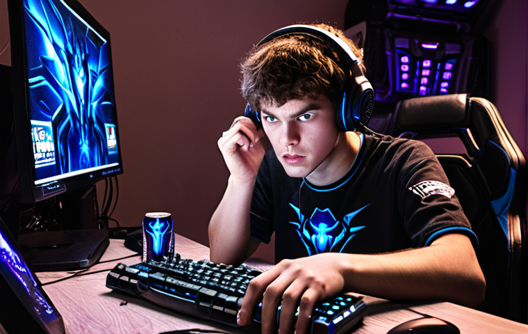 **
A dimly lit room, illuminated by the glow of multiple computer screens. A young man, intensely focused, sits surrounded by energy drink cans and discarded snack wrappers. His fingers fly across the keyboard and mouse, his face illuminated by the fast-paced action of StarCraft on the screen. The image should evoke a sense of intense concentration and dedication, highlighting the grueling practice regimen of a professional StarCraft player. Include elements like a messy desk, gaming headset, and team logo on the wall.
**