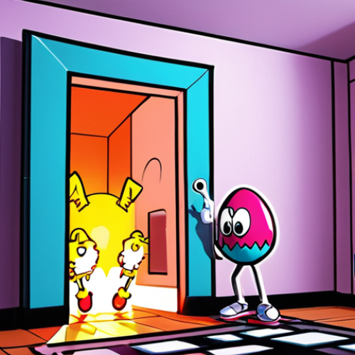 Home 14 **
A humorous scene depicting a video game character clipping through a wall, revealing a hidden, brightly lit room filled with power-ups and Easter eggs. The character should have a surprised or excited expression. Style: Cartoonish and vibrant, with a focus on the absurdity of the situation.
**