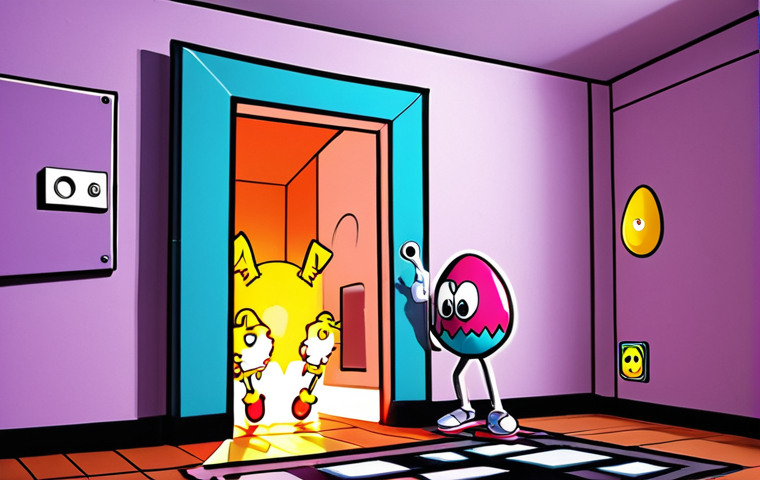 **
A humorous scene depicting a video game character clipping through a wall, revealing a hidden, brightly lit room filled with power-ups and Easter eggs. The character should have a surprised or excited expression. Style: Cartoonish and vibrant, with a focus on the absurdity of the situation.
**