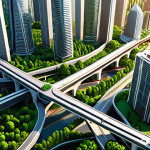 A breathtaking, detailed 3D isometric view of a meticulously planned, sprawling futuristic metropolis. Gleaming skyscrapers rise amidst lush green spaces, interconnected by efficient, multi-layered transportation networks (elevated trains, busy roads). The city pulsates with implied life and economic prosperity, bathed in a warm, optimistic glow, showcasing a harmonious blend of urban growth and sustainable design. Concept art, high detail, vibrant colors.