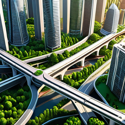 A breathtaking, detailed 3D isometric view of a meticulously planned, sprawling futuristic metropolis. Gleaming skyscrapers rise amidst lush green spaces, interconnected by efficient, multi-layered transportation networks (elevated trains, busy roads). The city pulsates with implied life and economic prosperity, bathed in a warm, optimistic glow, showcasing a harmonious blend of urban growth and sustainable design. Concept art, high detail, vibrant colors.
