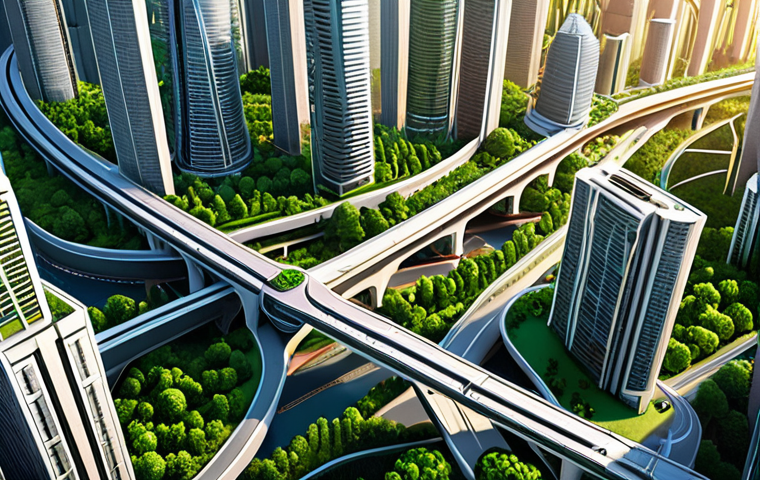 A breathtaking, detailed 3D isometric view of a meticulously planned, sprawling futuristic metropolis. Gleaming skyscrapers rise amidst lush green spaces, interconnected by efficient, multi-layered transportation networks (elevated trains, busy roads). The city pulsates with implied life and economic prosperity, bathed in a warm, optimistic glow, showcasing a harmonious blend of urban growth and sustainable design. Concept art, high detail, vibrant colors.