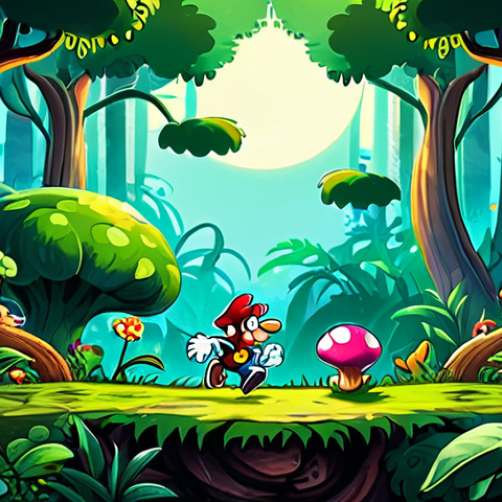 Rayman's 2D Origins** "Rayman, the limbless hero, in a vibrant, hand-drawn 2D world reminiscent of the original game. He is jumping through a lush, colorful forest with whimsical creatures and plants. Fully clothed, appropriate content, safe for work, perfect anatomy, natural proportions, family-friendly illustration, high quality." **