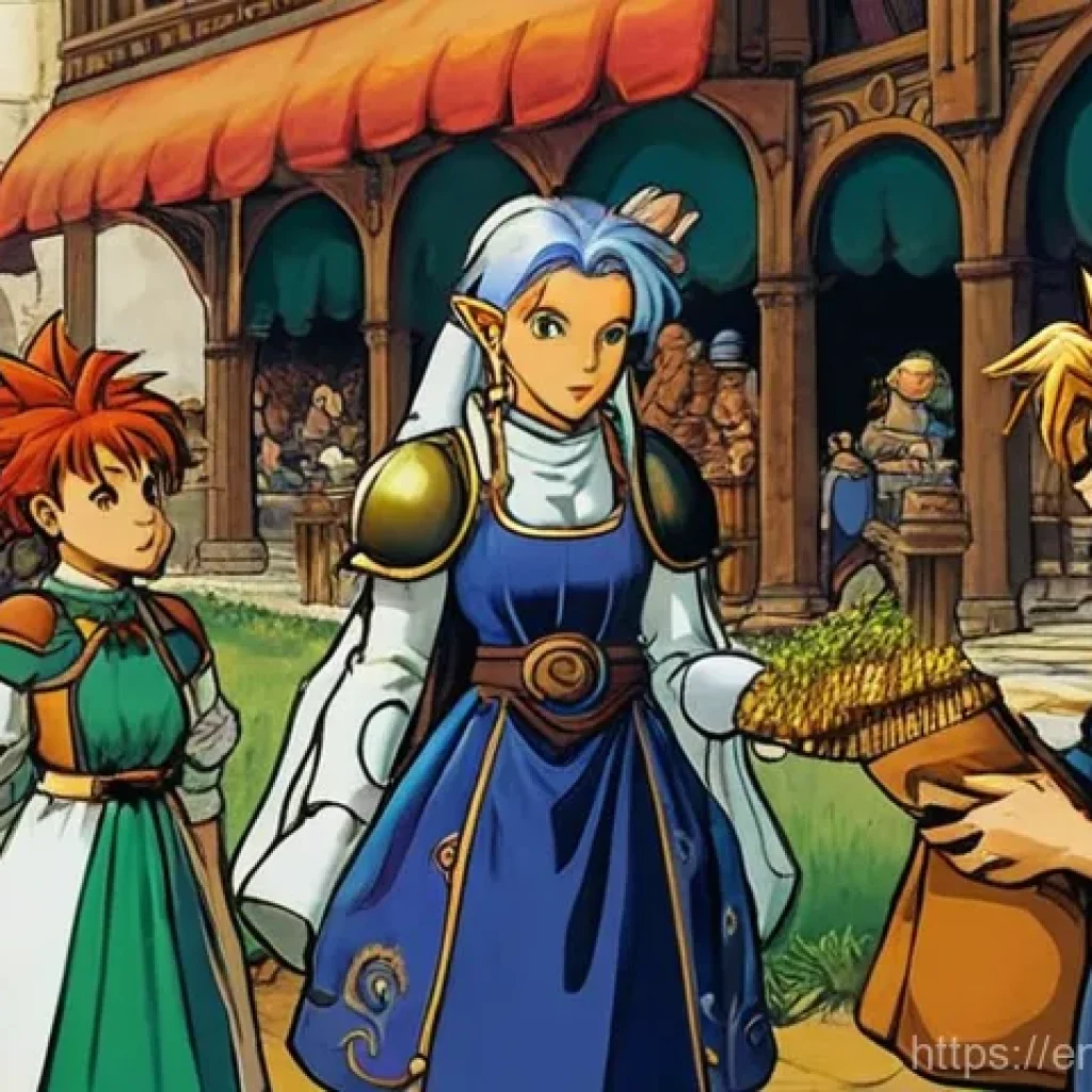 크로노 트리거 숨겨진 엔딩 - **Prompt:** A vivid, bustling scene at the Millennial Fair from Chrono Trigger, but with subtle, min...