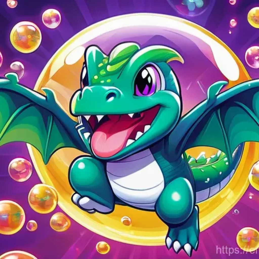 보글보글 게임의 숨겨진 팁 - A vibrant, dynamic arcade-style illustration featuring Bub, the green dragon from Bubble Bobble, mid...