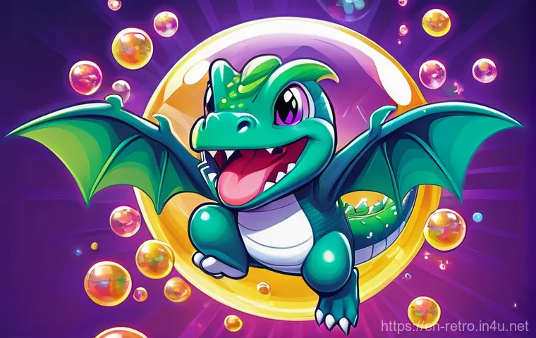 보글보글 게임의 숨겨진 팁 - A vibrant, dynamic arcade-style illustration featuring Bub, the green dragon from Bubble Bobble, mid...