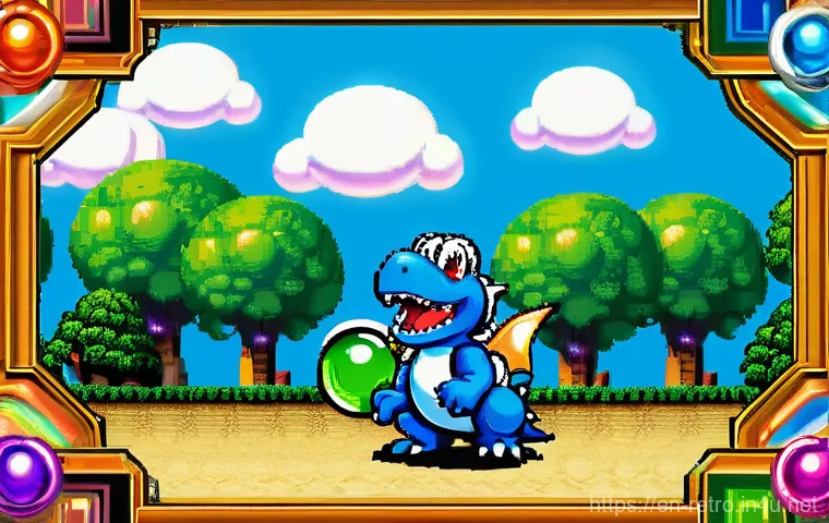 보글보글 게임의 숨겨진 팁 - A vibrant, dynamic arcade-style illustration featuring Bub, the green dragon from Bubble Bobble, mid...