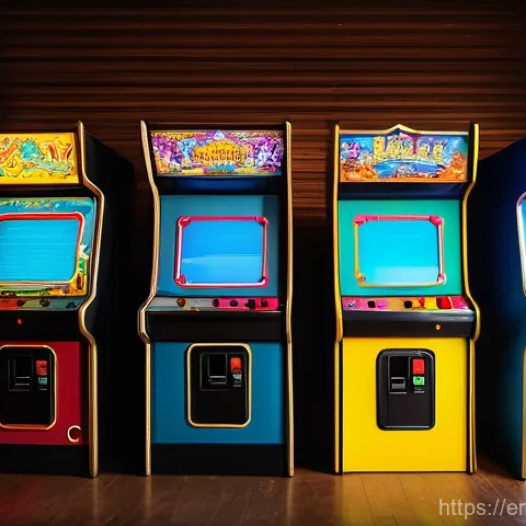 오락실 게임 머신의 구조 - A nostalgic, highly detailed image of a classic 1980s arcade cabinet, prominently featuring vibrant,...