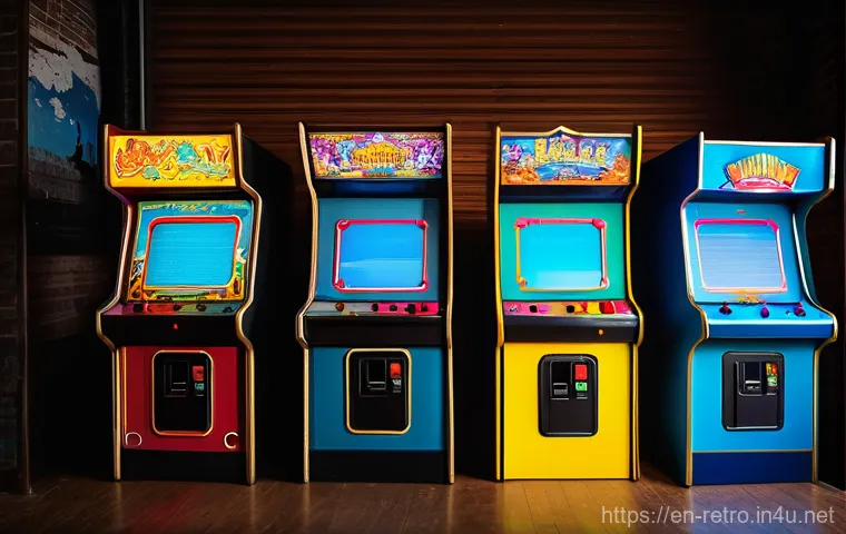 오락실 게임 머신의 구조 - A nostalgic, highly detailed image of a classic 1980s arcade cabinet, prominently featuring vibrant,...