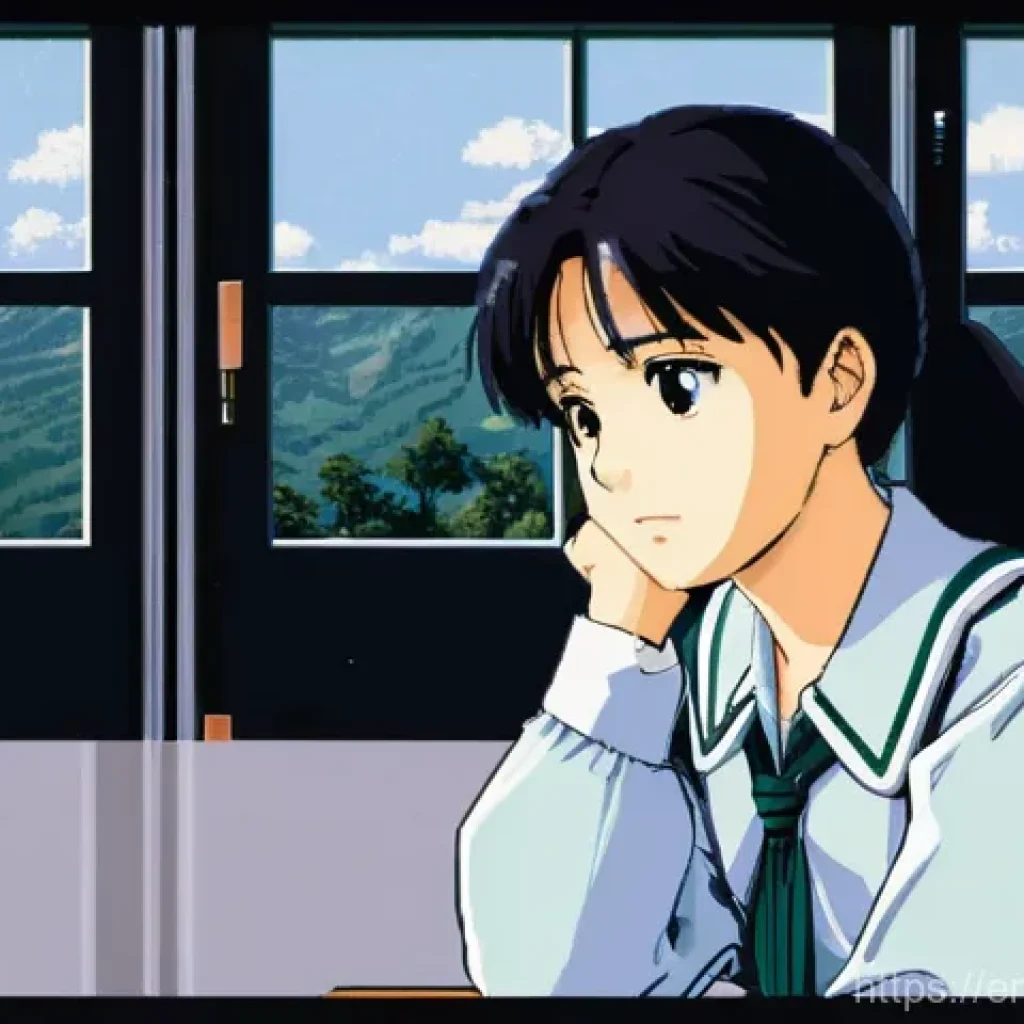 PC 98 고전 게임 명작 소개 - **"PC-98 Visual Novel - Melancholy Student"** A highly detailed pixel art illustration, rendered...