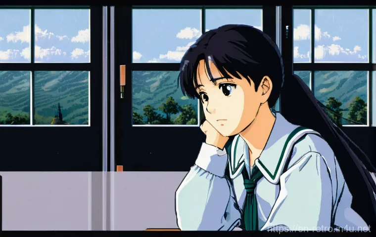 PC 98 고전 게임 명작 소개 - **"PC-98 Visual Novel - Melancholy Student"** A highly detailed pixel art illustration, rendered...