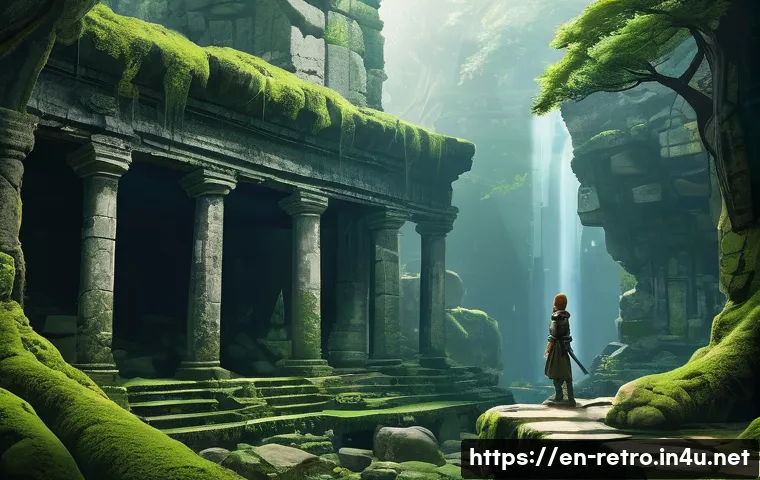 1990년대 일본 RPG 게임 명작 - **Prompt 1: "A lone female adventurer stands at the precipice of a vast, ancient ruin, overgrown wit...