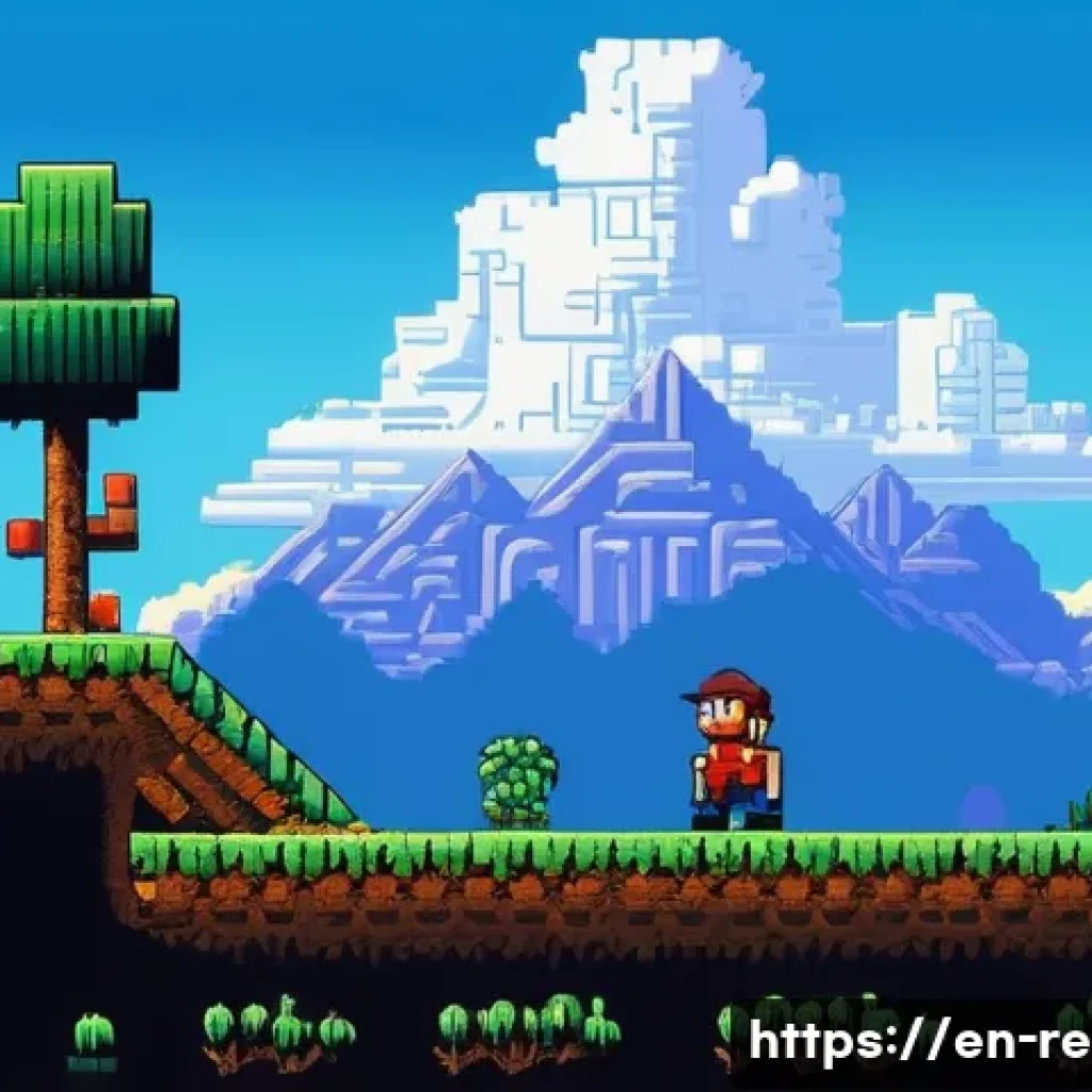 레트로 게임 인기 비결 - A vibrant pixel art scene of a classic 1980s platformer game level, featuring a pixelated hero chara...