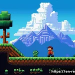 레트로 게임 인기 비결 - A vibrant pixel art scene of a classic 1980s platformer game level, featuring a pixelated hero chara...