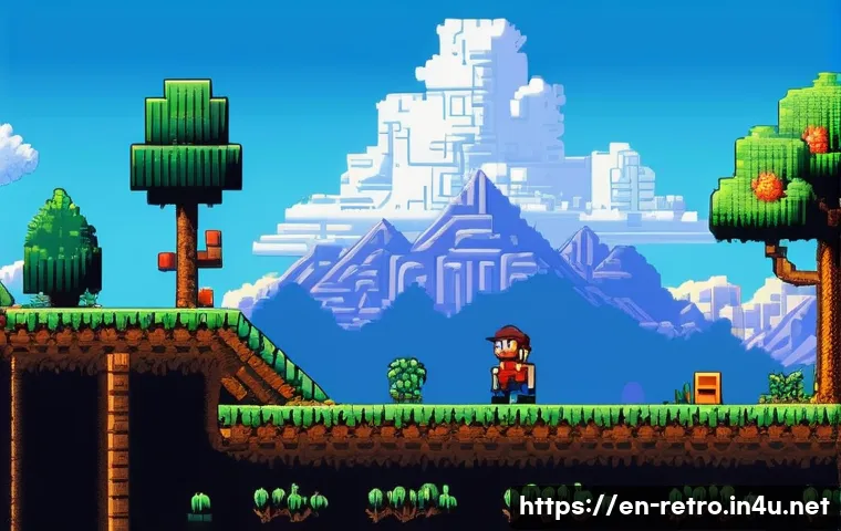 레트로 게임 인기 비결 - A vibrant pixel art scene of a classic 1980s platformer game level, featuring a pixelated hero chara...