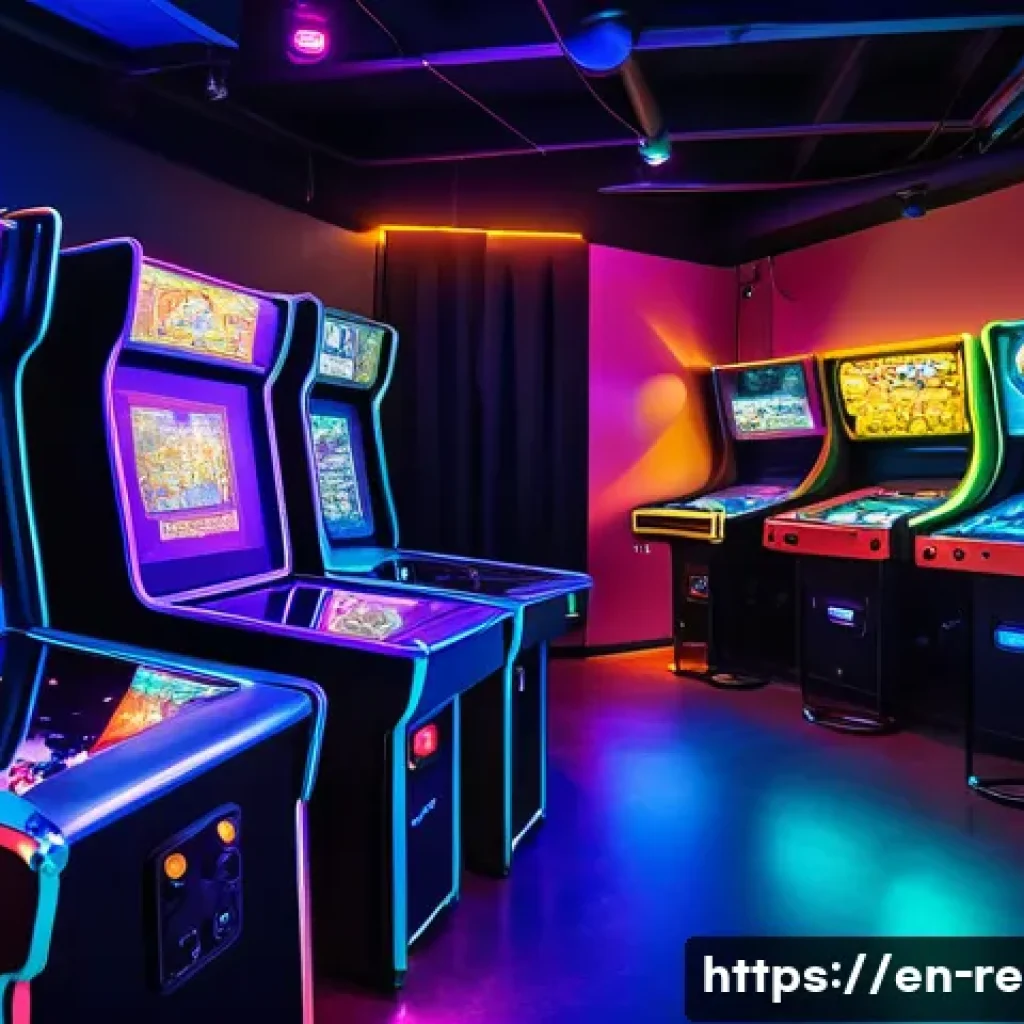 PC방 문화와 고전 게임의 인기 - A bustling modern local gaming venue interior blending retro and futuristic elements: vintage arcade...
