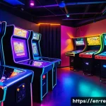 PC방 문화와 고전 게임의 인기 - A bustling modern local gaming venue interior blending retro and futuristic elements: vintage arcade...
