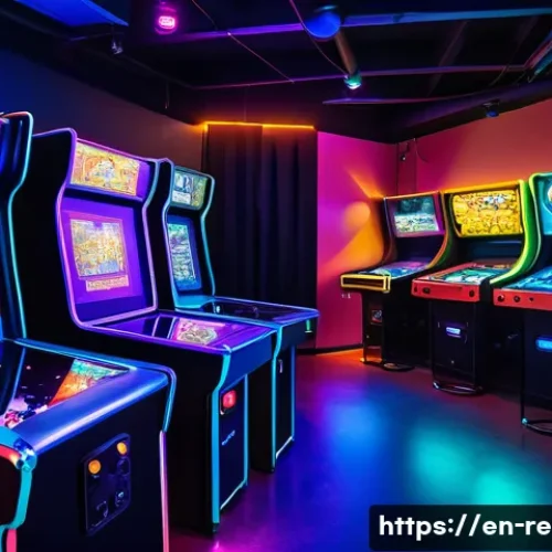 PC방 문화와 고전 게임의 인기 - A bustling modern local gaming venue interior blending retro and futuristic elements: vintage arcade...