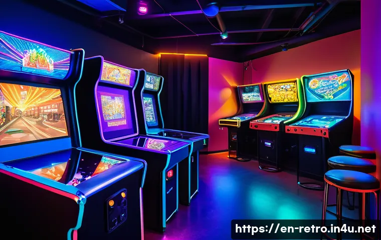 PC방 문화와 고전 게임의 인기 - A bustling modern local gaming venue interior blending retro and futuristic elements: vintage arcade...