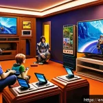 세가 드림캐스트 명작 게임 추천 - A vibrant digital art scene featuring a group of diverse friends playing Phantasy Star Online on a D...
