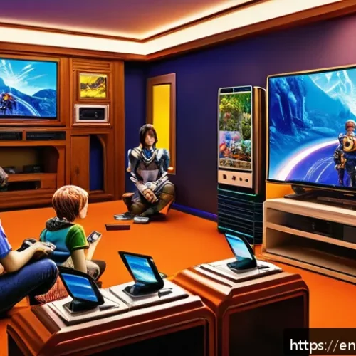세가 드림캐스트 명작 게임 추천 - A vibrant digital art scene featuring a group of diverse friends playing Phantasy Star Online on a D...