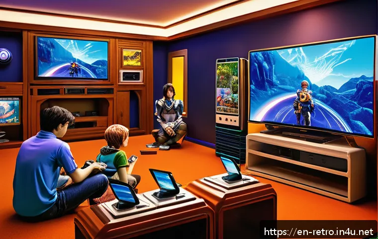 세가 드림캐스트 명작 게임 추천 - A vibrant digital art scene featuring a group of diverse friends playing Phantasy Star Online on a D...