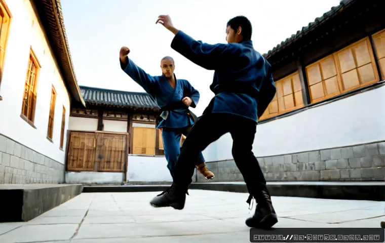 더블 드래곤 시리즈 주요 기술 - Photorealistic cinematic martial arts action scene, two adult street fighters in a clean urban train...