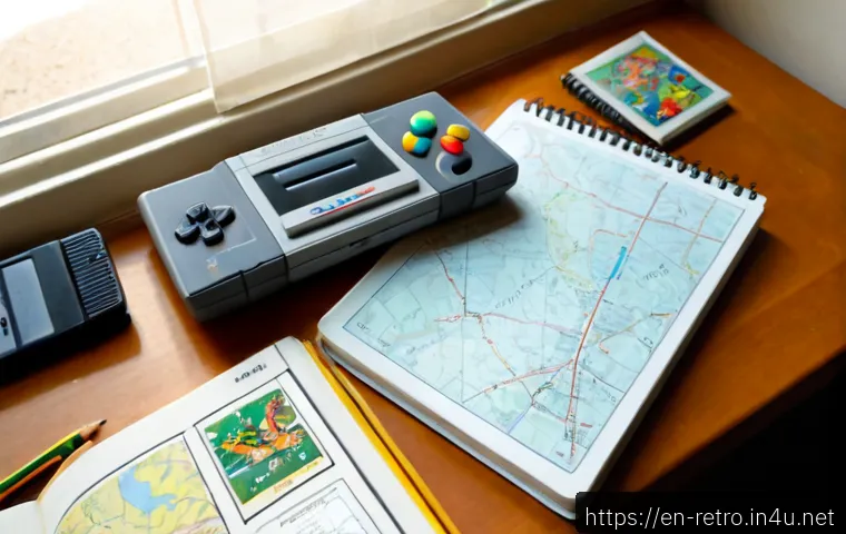 Home 16 포켓몬스터 게임보이 버전 공략 - Photorealistic overhead desk scene of a classic late-1990s gray handheld game console beside an open...